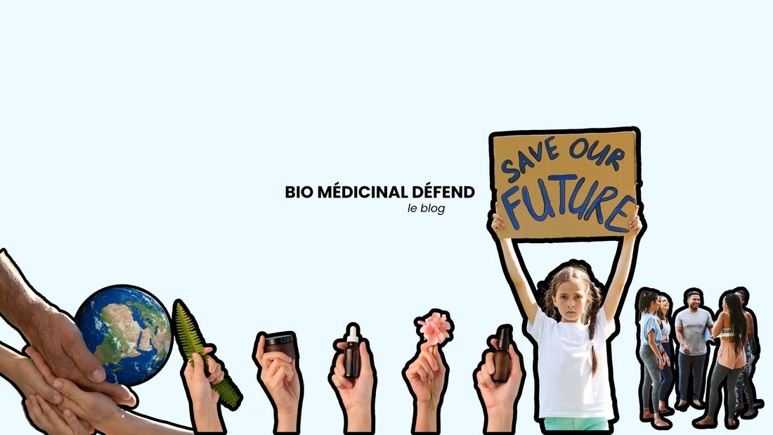 Image composée des photos qui invitent à penser à l'environnement, la santé et la communauté sur un fond bleu clair où on peut également lire "Bio Médicinal défend, le blog".