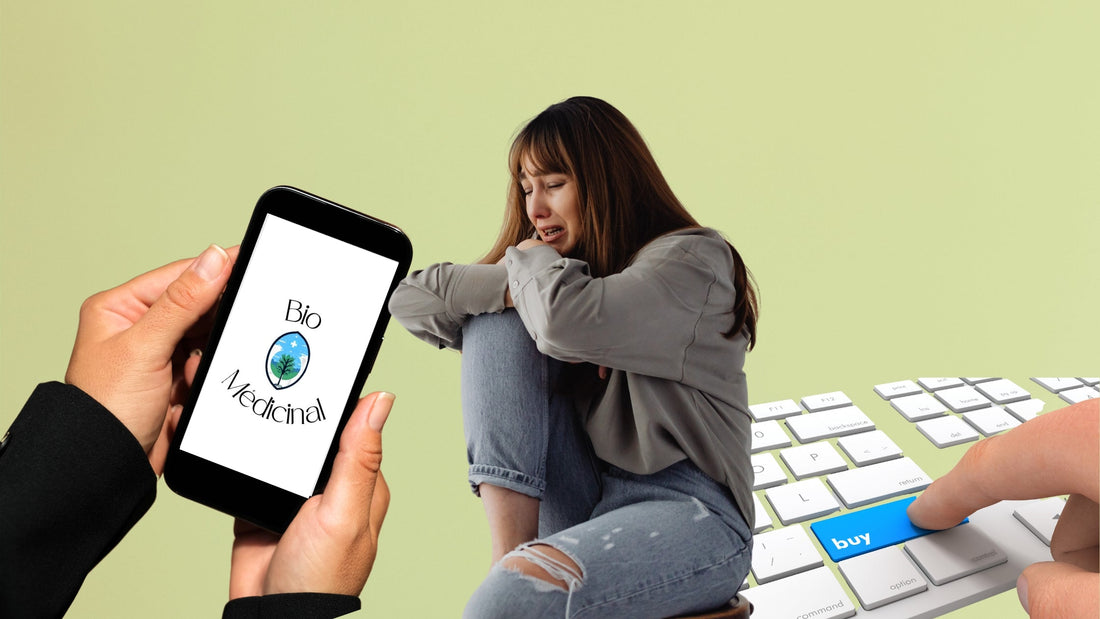 Une jeune femme qui pleure à côté d'un téléphone et un clavier où on peut lire "acheter" en anglais, sur un fond vert clair.
